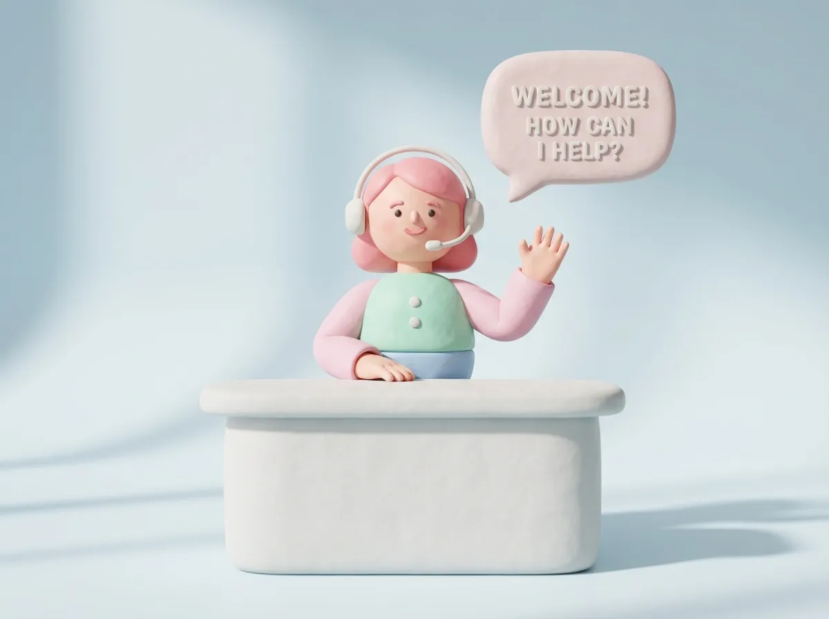 Clay front desk greeting a caller